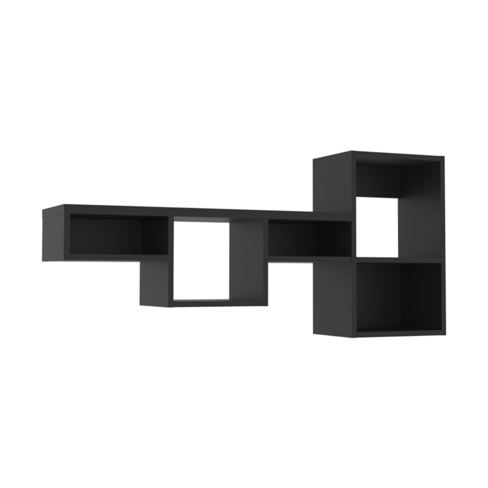 47" Black Wood Wall Mounted Cubby Shelf. Wall mounted shelve isolated on a plain white background, finished in black wood.