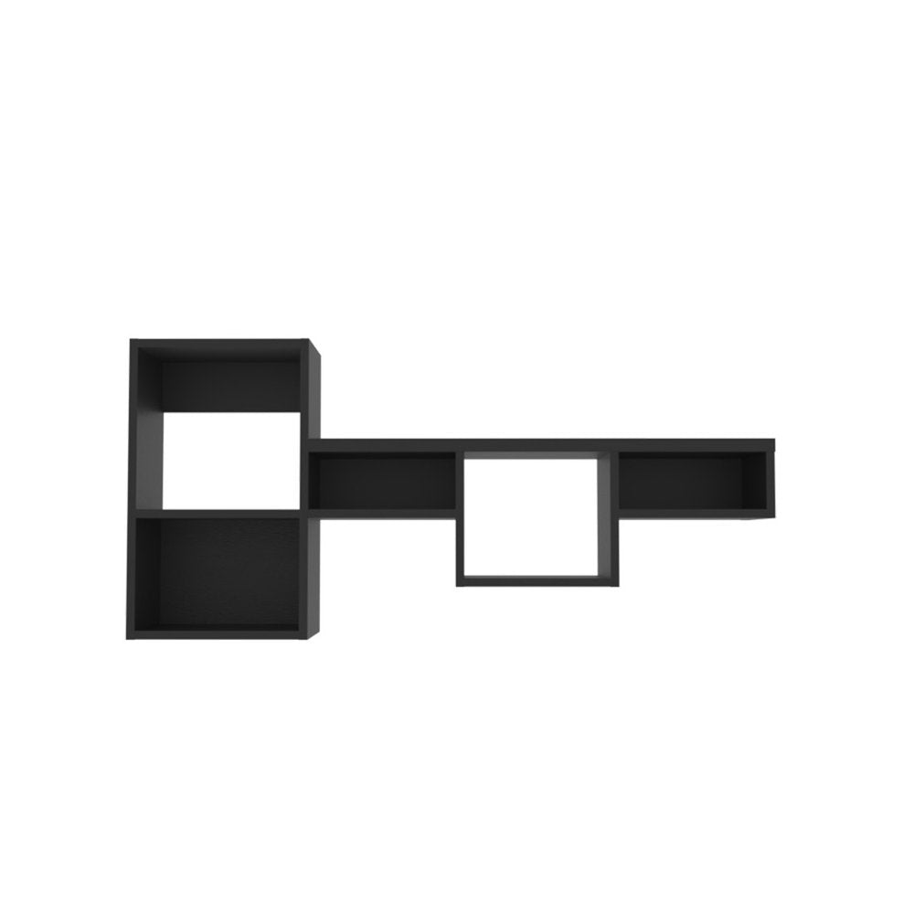 47" Black Wood Wall Mounted Cubby Shelf. Wall mounted shelve isolated on a plain white background, in a black wood finish.