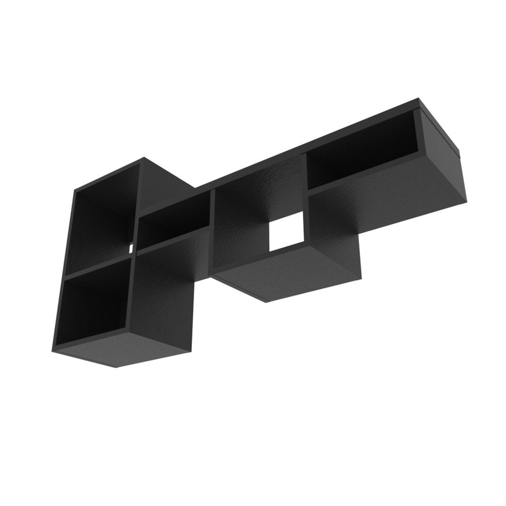 47" Black Wood Wall Mounted Cubby Shelf. Wall mounted shelve isolated on a plain white background, finished in black wood.