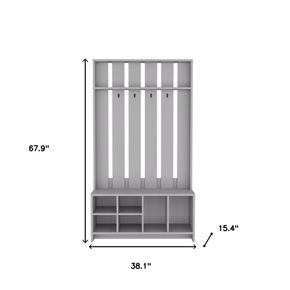 68" Gray Wood Four Hook Coat And Shoe Rack. Coat hanger isolated on a plain white background, showing a gray wood surface.