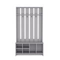 68" Gray Wood Four Hook Coat And Shoe Rack. Coat hanger isolated on a plain white background, showing a gray wood surface.