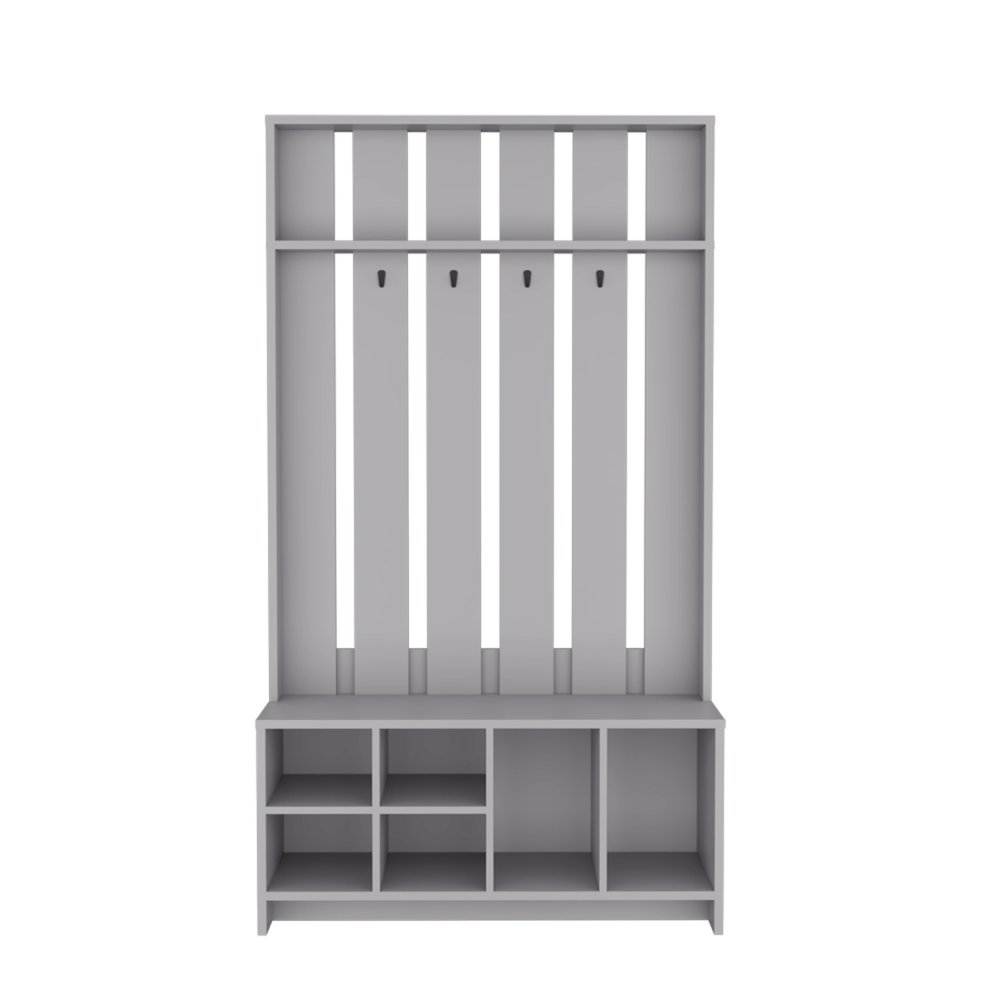 Gray wood coat and shoe rack with four hooks and multiple cubbies for storage.
