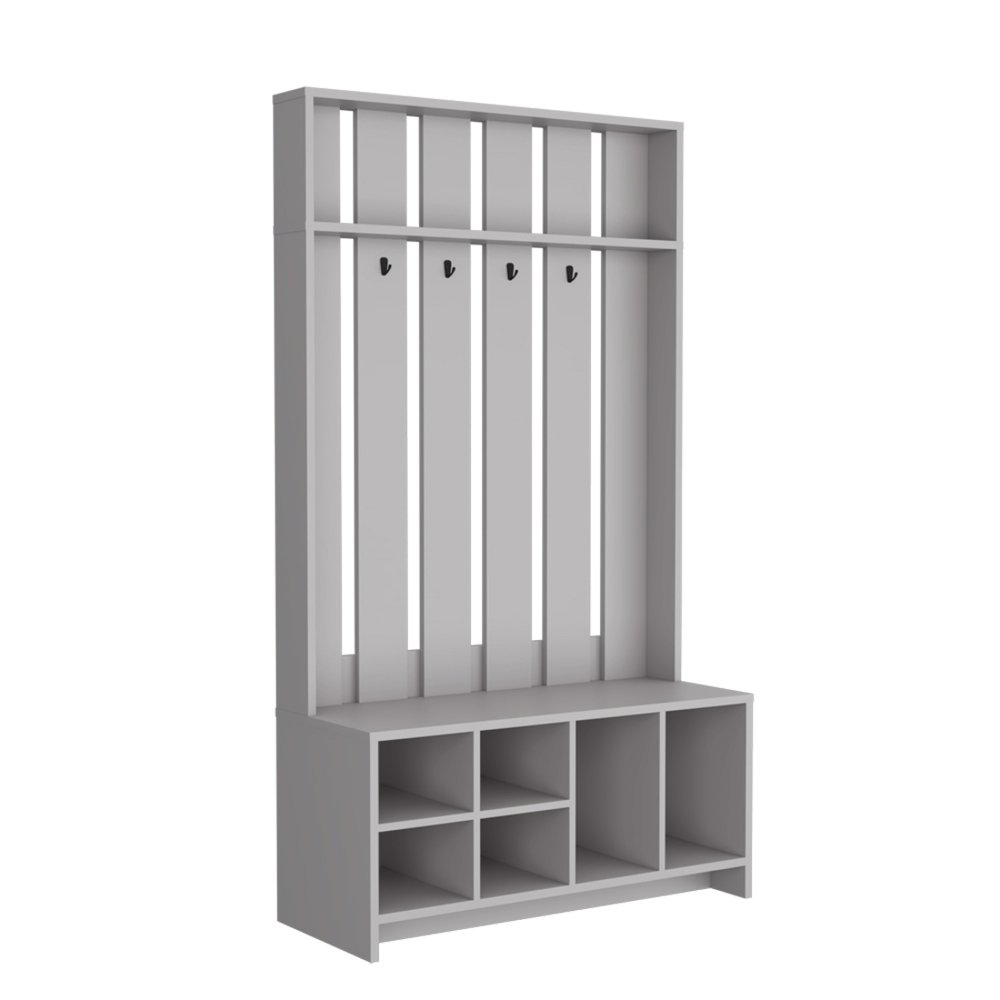 68" Gray Wood Four Hook Coat And Shoe Rack. Coat hanger isolated on a plain white background, in a gray wood finish.