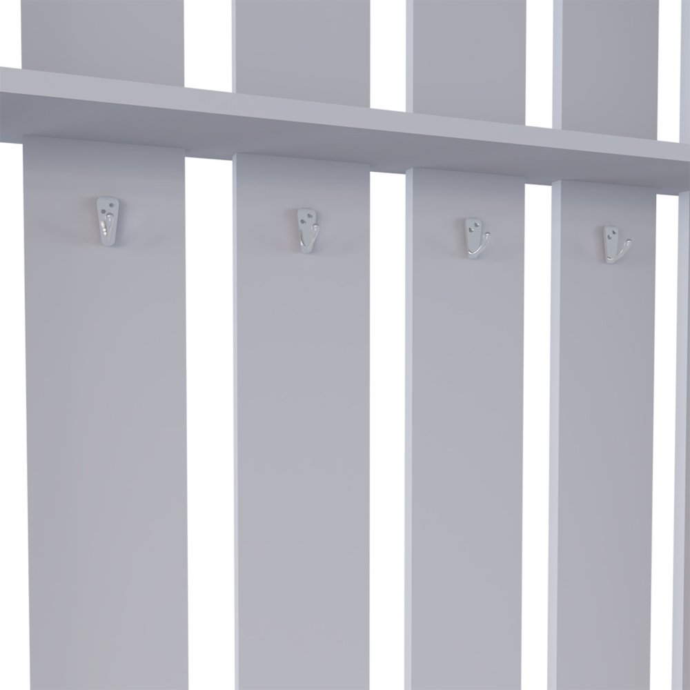 68" Gray Wood Four Hook Coat And Shoe Rack. Coat hanger isolated on a plain white background, finished in gray wood.