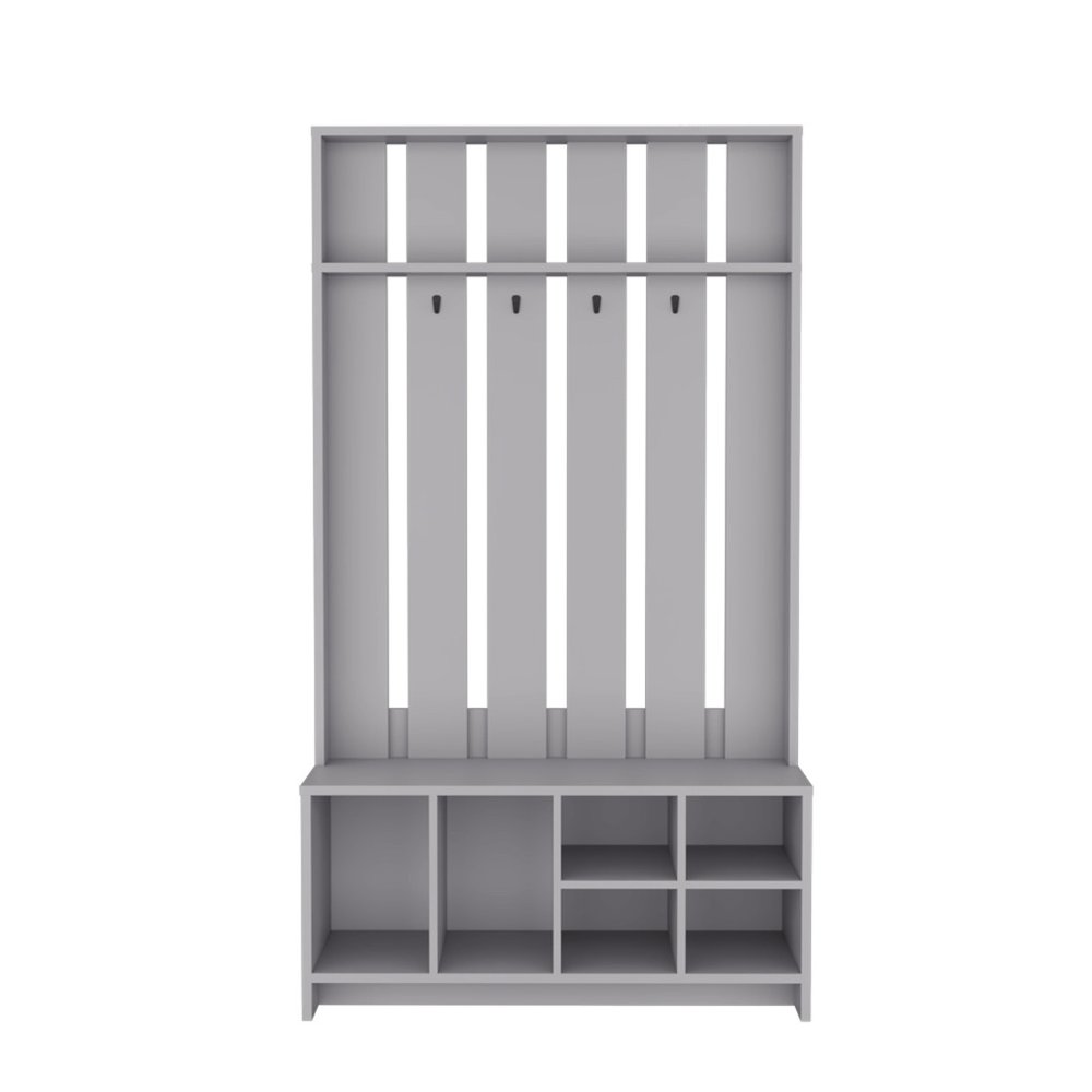 68" Gray Wood Four Hook Coat And Shoe Rack. Coat hanger isolated on a plain white background, finished in gray wood.