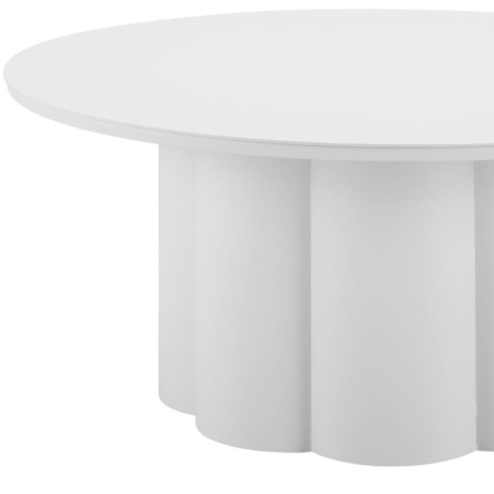34" White Rounded Aluminum Outdoor Coffee Table. Outdoor table isolated on a plain white background, finished in white metal.