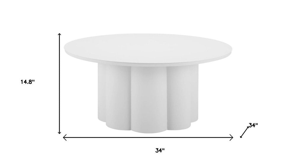 34" White Rounded Aluminum Outdoor Coffee Table. Outdoor table isolated on a plain white background, showing a white metal surface.