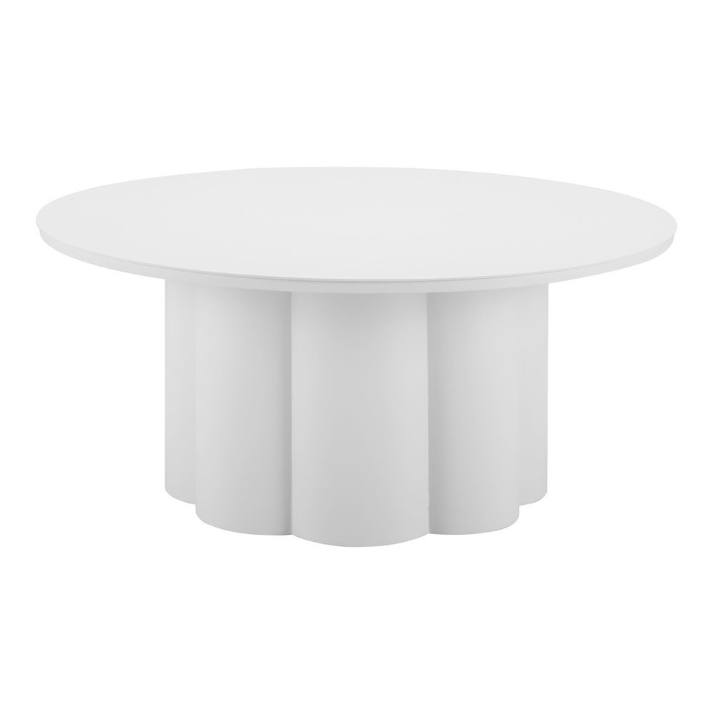 34" White Rounded Aluminum Outdoor Coffee Table. Outdoor table isolated on a plain white background, in a white metal finish.