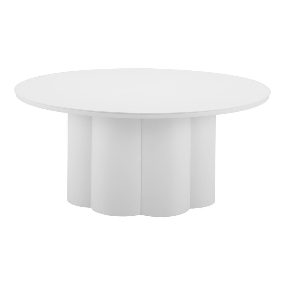 34" White Rounded Aluminum Outdoor Coffee Table. Outdoor table isolated on a plain white background, finished in white metal.