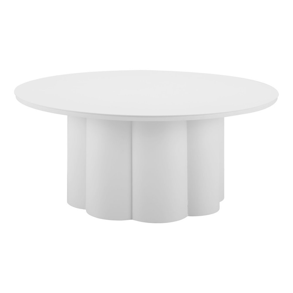 34" White Rounded Aluminum Outdoor Coffee Table. Outdoor table isolated on a plain white background, showing a white metal surface.