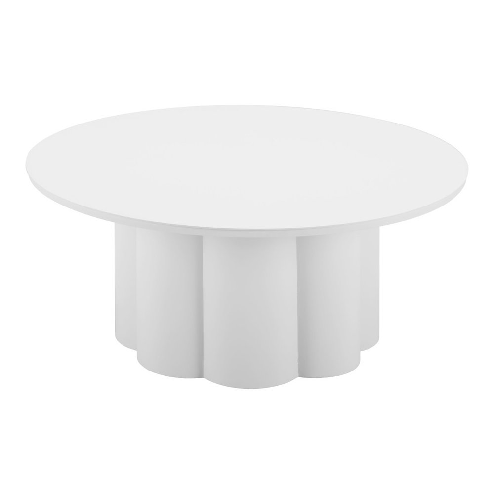 34" White Rounded Aluminum Outdoor Coffee Table. Outdoor table isolated on a plain white background, in a white metal finish.