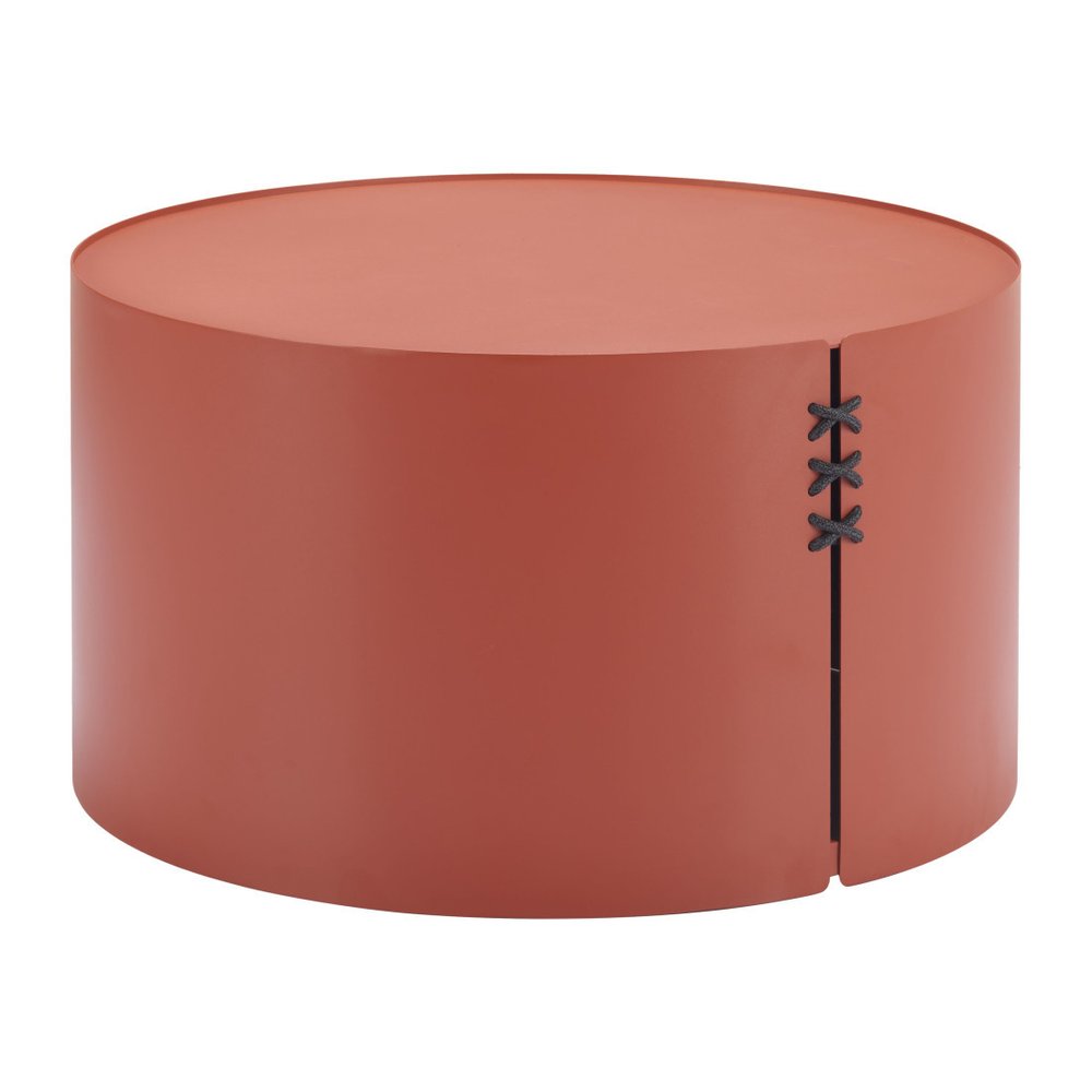 29" Terra Cotta Rounded Aluminum Outdoor Coffee Table. Outdoor table isolated on a plain white background, finished in pink metal.
