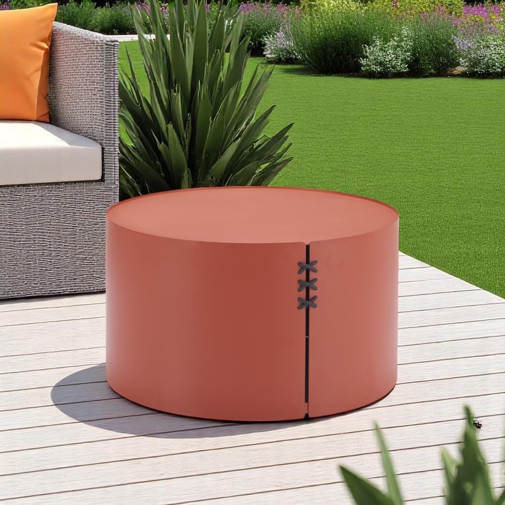 29" Terra Cotta Rounded Aluminum Outdoor Coffee Table. Outdoor table in green metal.