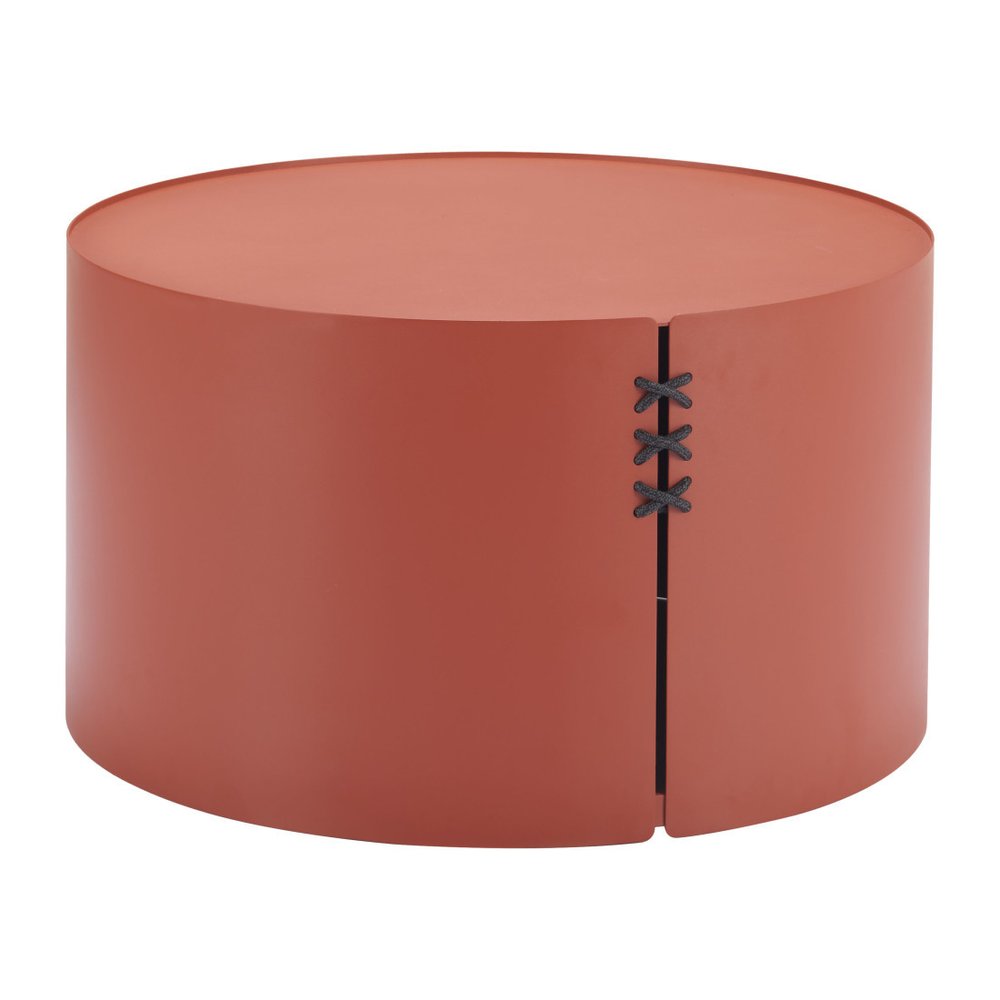29" Terra Cotta Rounded Aluminum Outdoor Coffee Table. Outdoor table isolated on a plain white background, showing a pink metal surface.