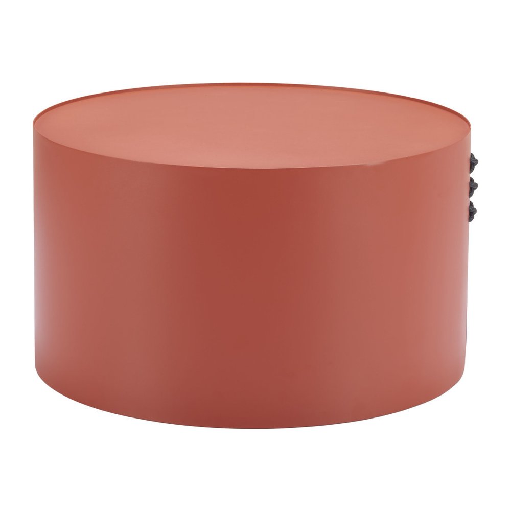 29" Terra Cotta Rounded Aluminum Outdoor Coffee Table. Outdoor table isolated on a plain white background, finished in pink metal.