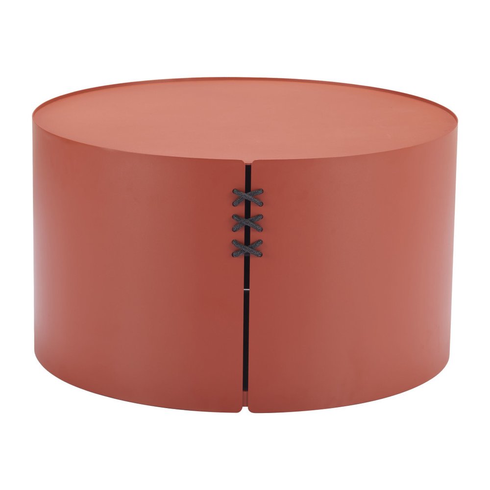 29" Terra Cotta Rounded Aluminum Outdoor Coffee Table. Outdoor table isolated on a plain white background, showing a pink metal surface.