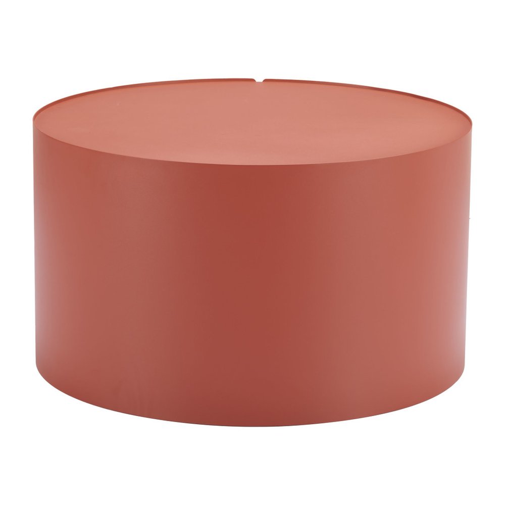 29" Terra Cotta Rounded Aluminum Outdoor Coffee Table. Outdoor table isolated on a plain white background, in a pink metal finish.