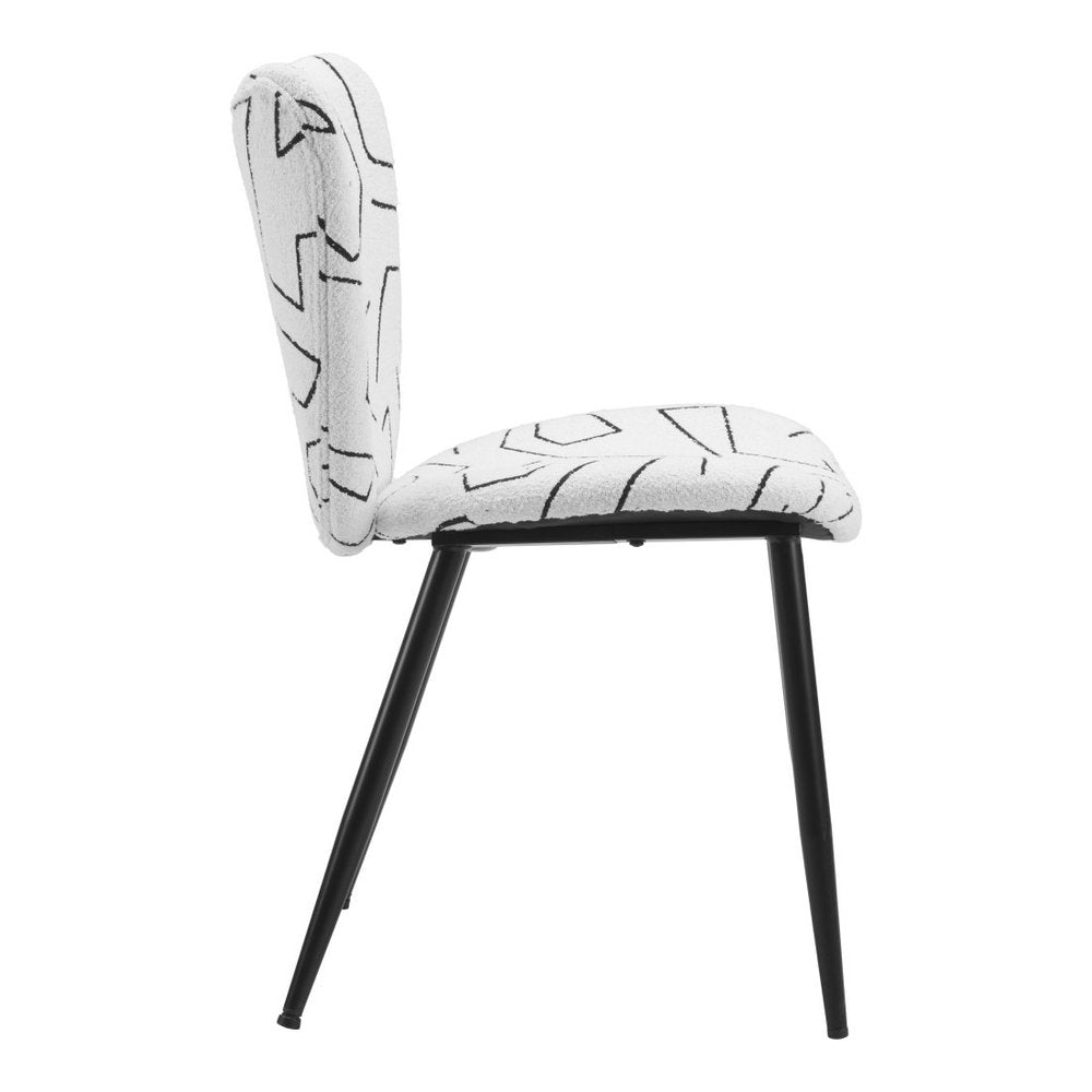Set of Two White and Black Upholstered Faux Shearling Dining Side Chairs on a white background