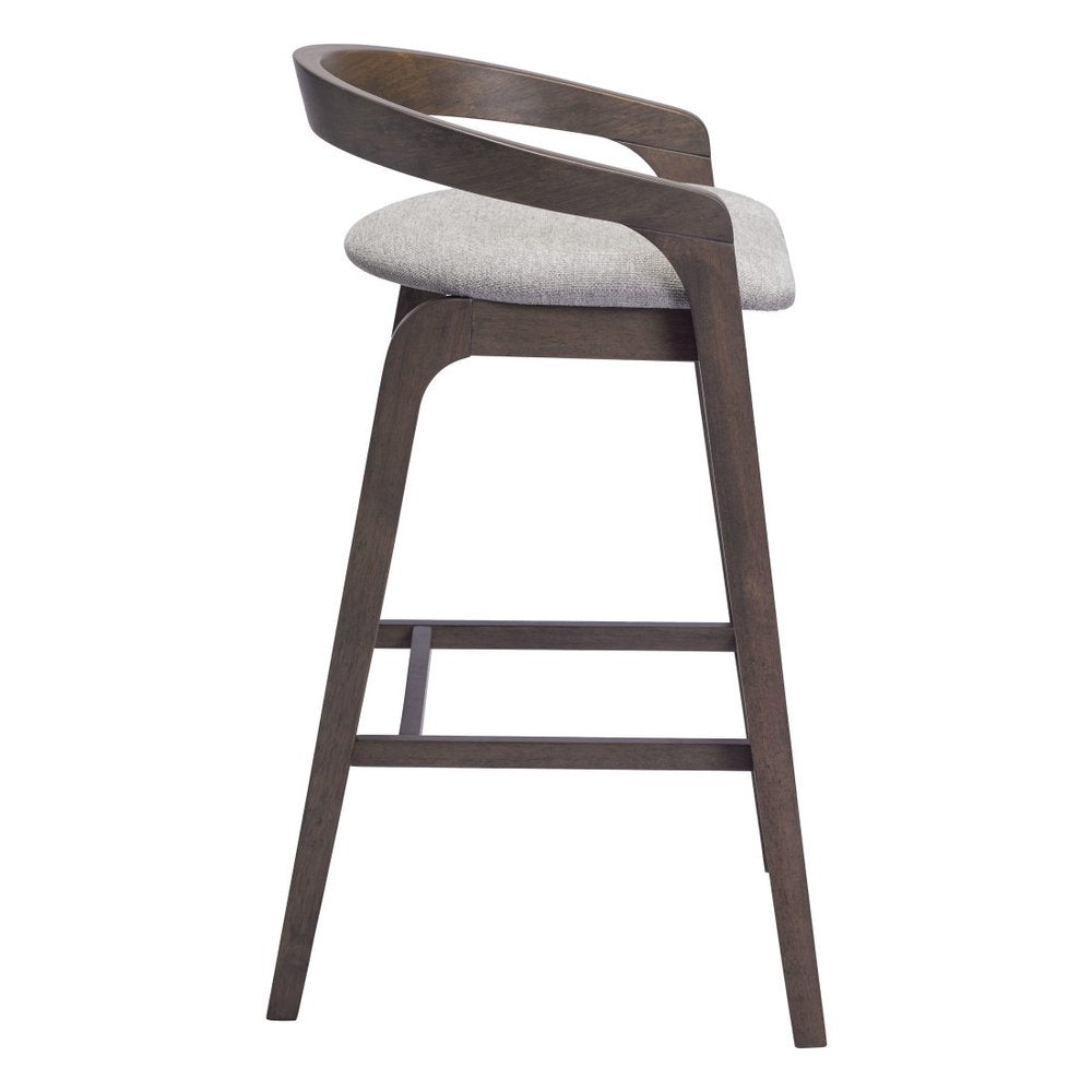 Set of Two 31" Gray And Espresso Fabric And Solid Wood Low Back Bar Height Bar Chairs on a white background