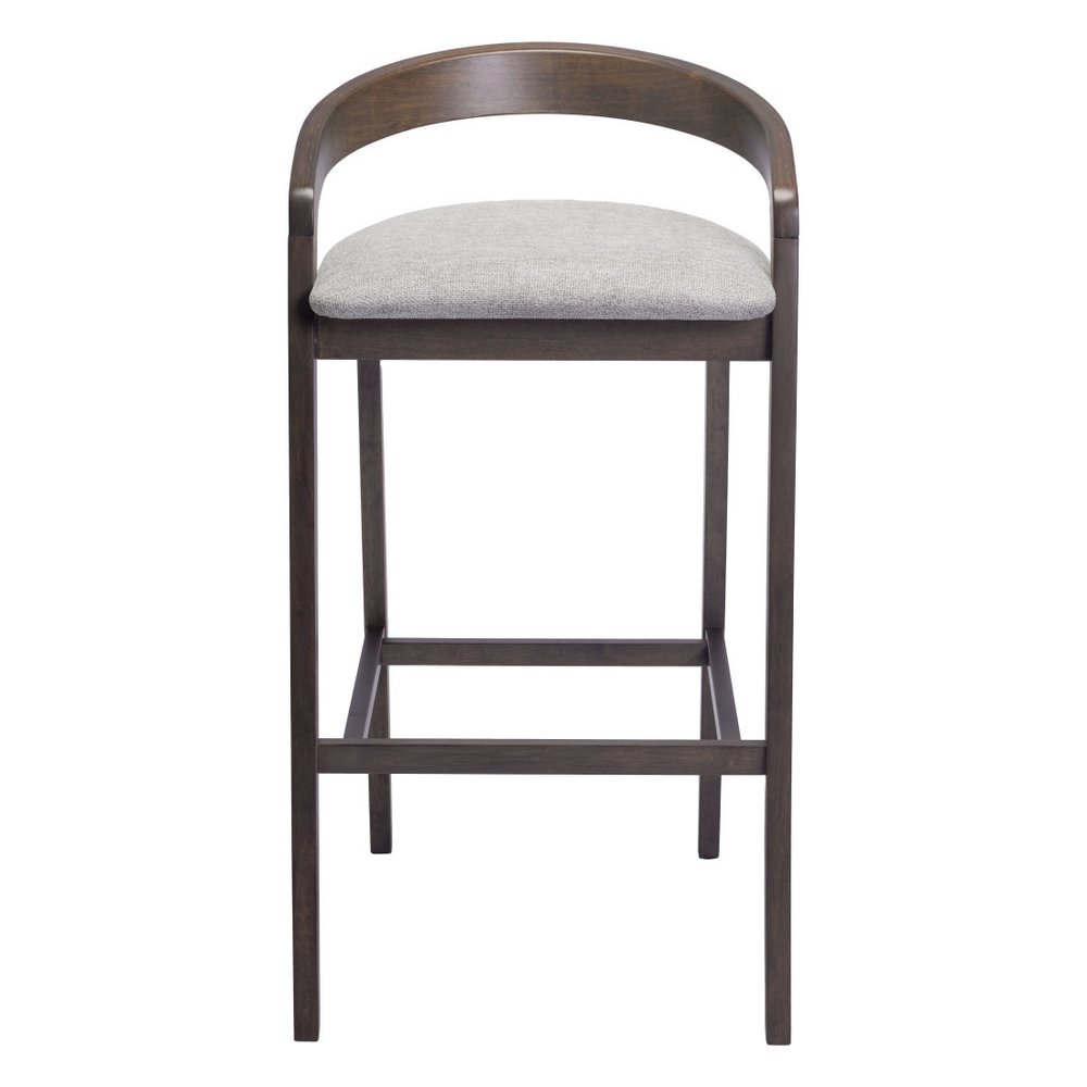 Set of Two 31" Gray And Espresso Fabric And Solid Wood Low Back Bar Height Bar Chairs on a white background