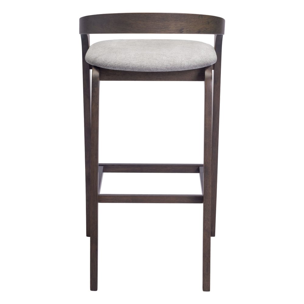 Set of Two 31" Gray And Espresso Fabric And Solid Wood Low Back Bar Height Bar Chairs on a white background
