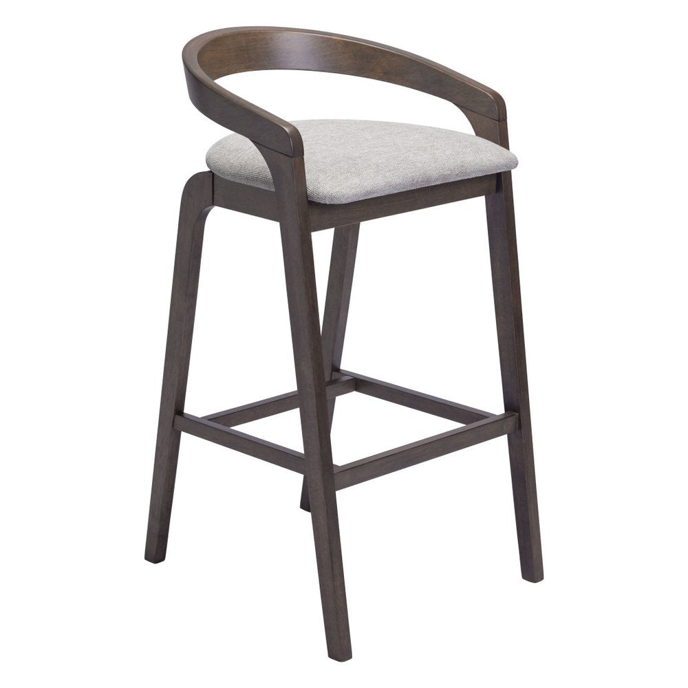Set of Two 31" Gray And Espresso Fabric And Solid Wood Low Back Bar Height Bar Chairs on a white background