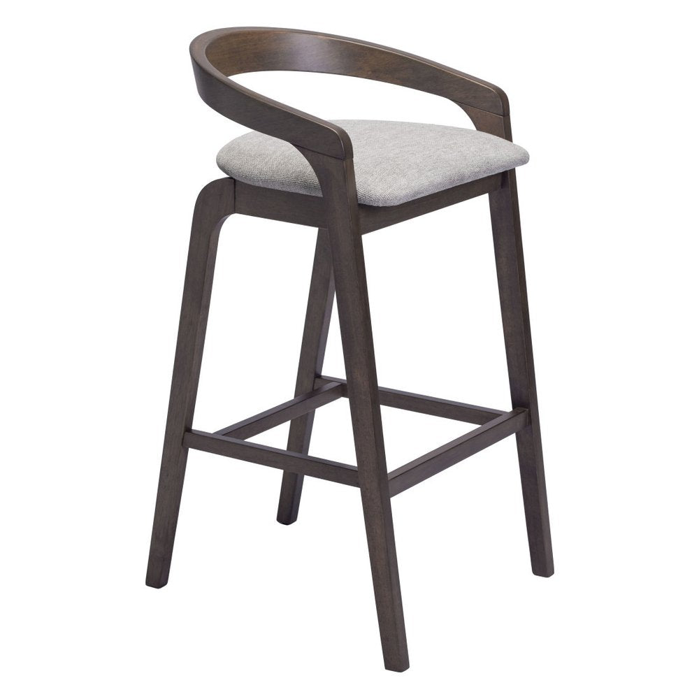 Set of Two 31" Gray And Espresso Fabric And Solid Wood Low Back Bar Height Bar Chairs on a white background