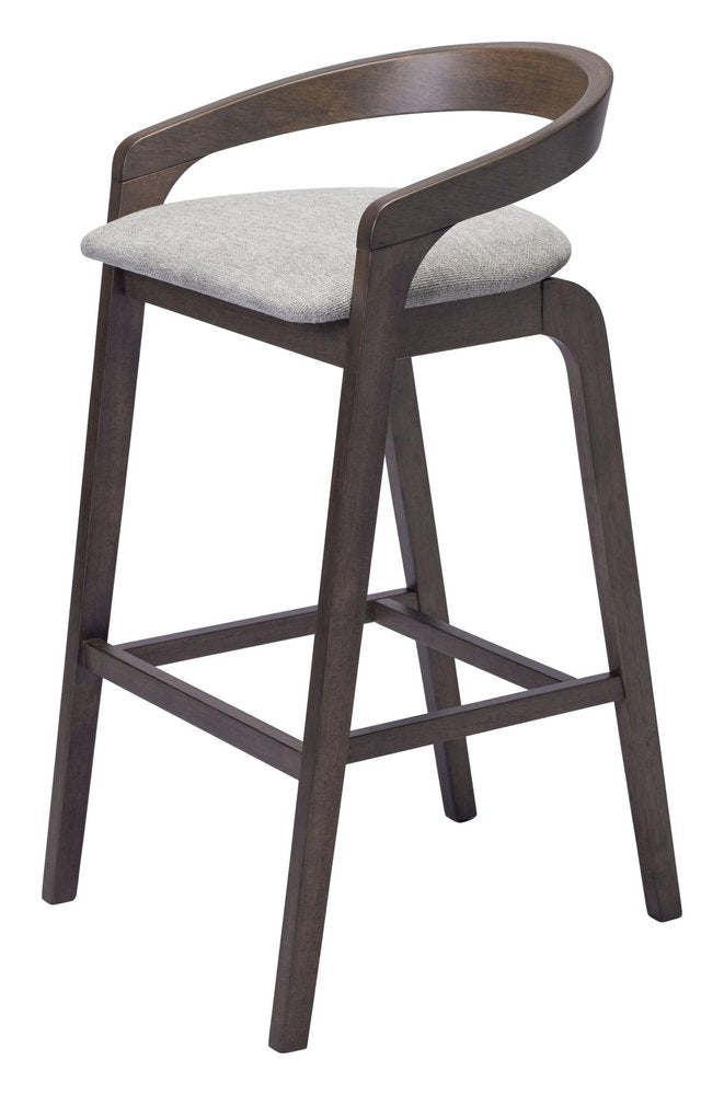 Set of Two 31" Gray And Espresso Fabric And Solid Wood Low Back Bar Height Bar Chairs on a white background