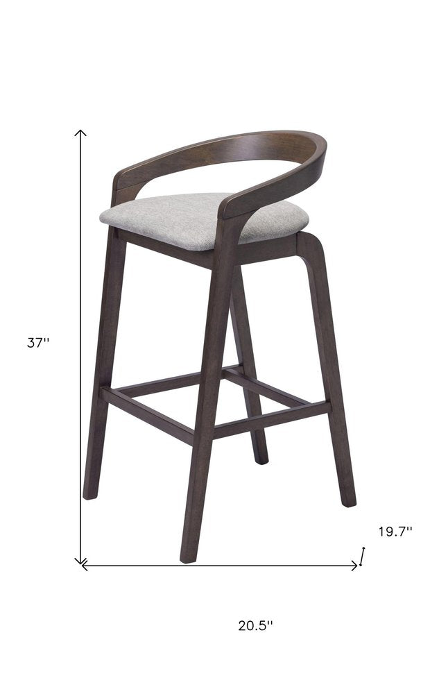 Set of Two 31" Gray And Espresso Fabric And Solid Wood Low Back Bar Height Bar Chairs on a white background