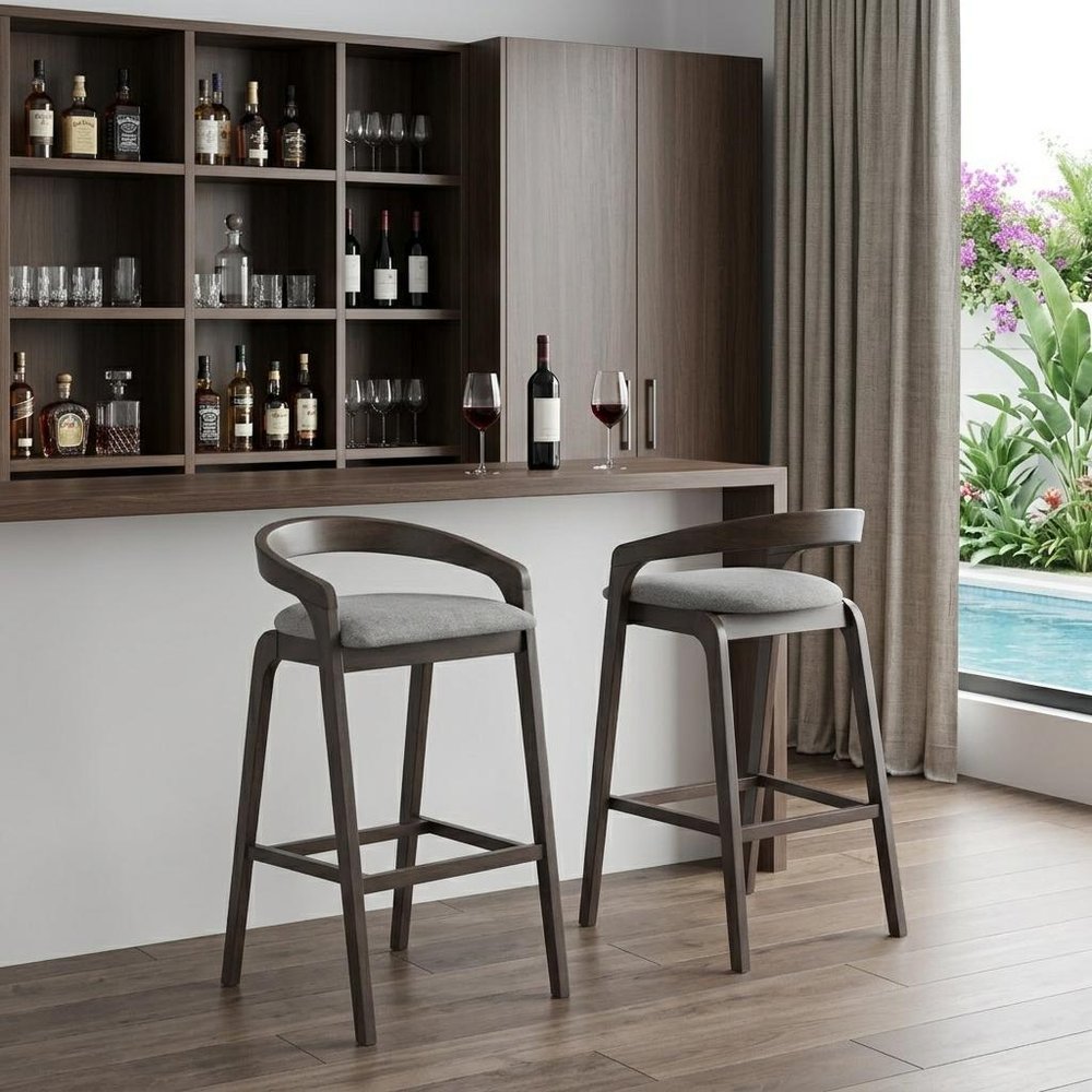 Set of Two 31" Gray And Espresso Fabric And Solid Wood Low Back Bar Height Bar Chairs in a home interior