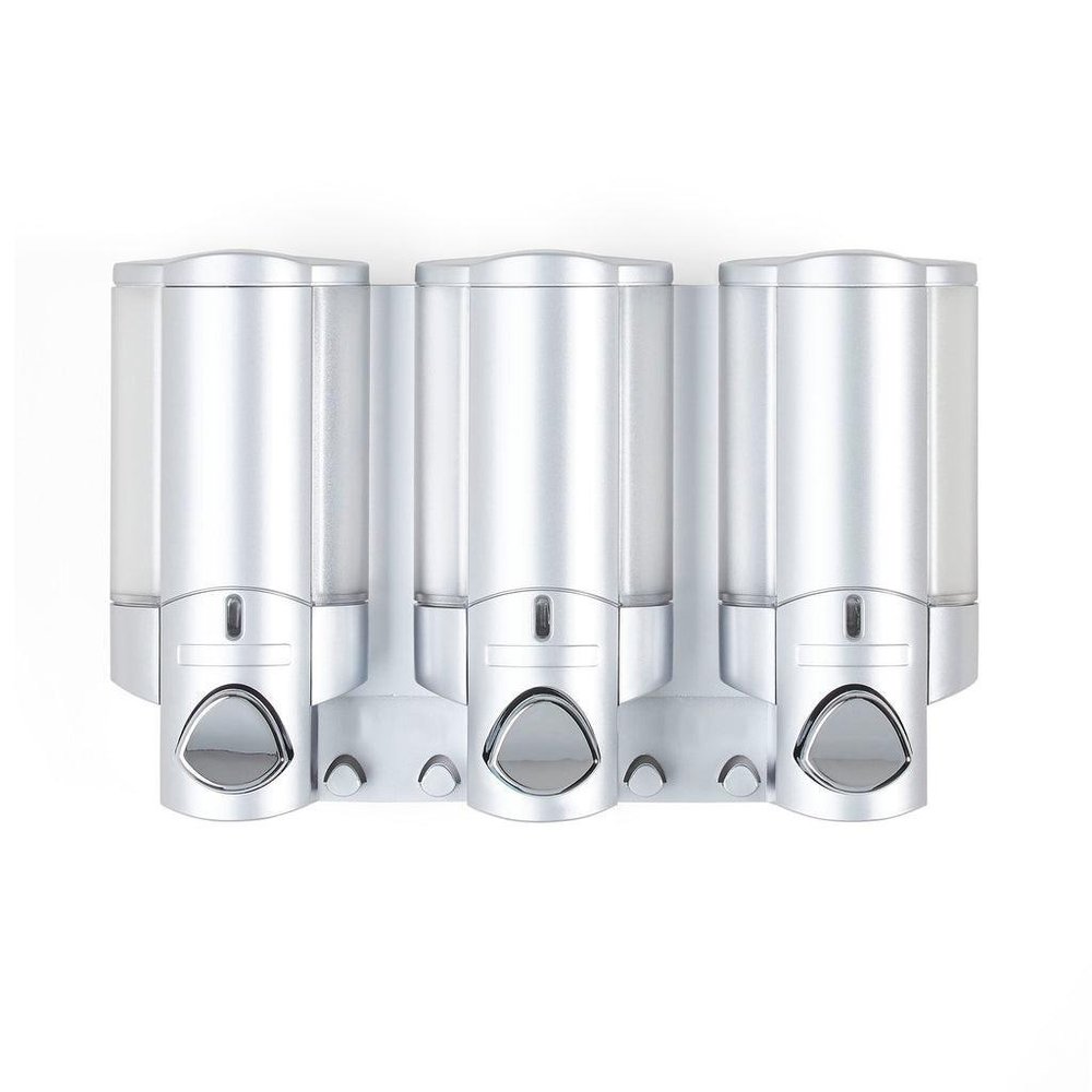 Gray Heavy Duty Plastic Three Chamber Wall Mount Soap Dispenser on a white background