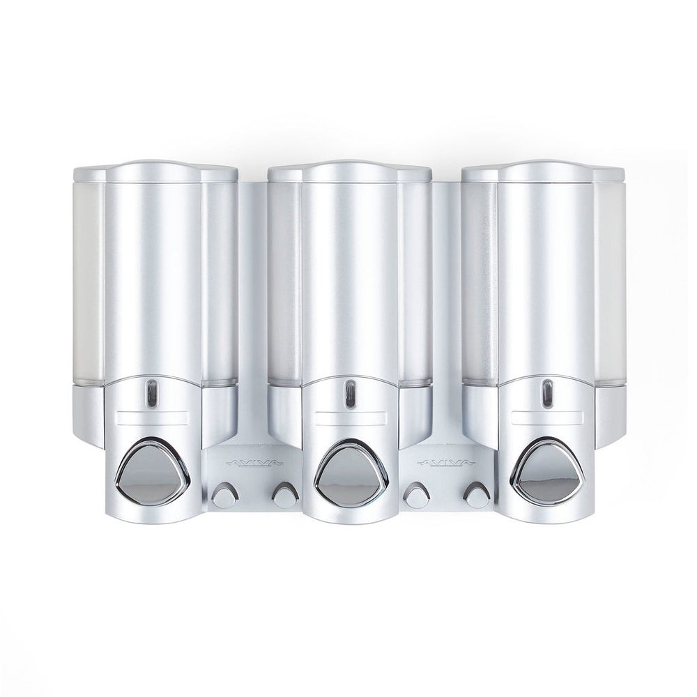 Gray Heavy Duty Plastic Three Chamber Wall Mount Soap Dispenser on a white background