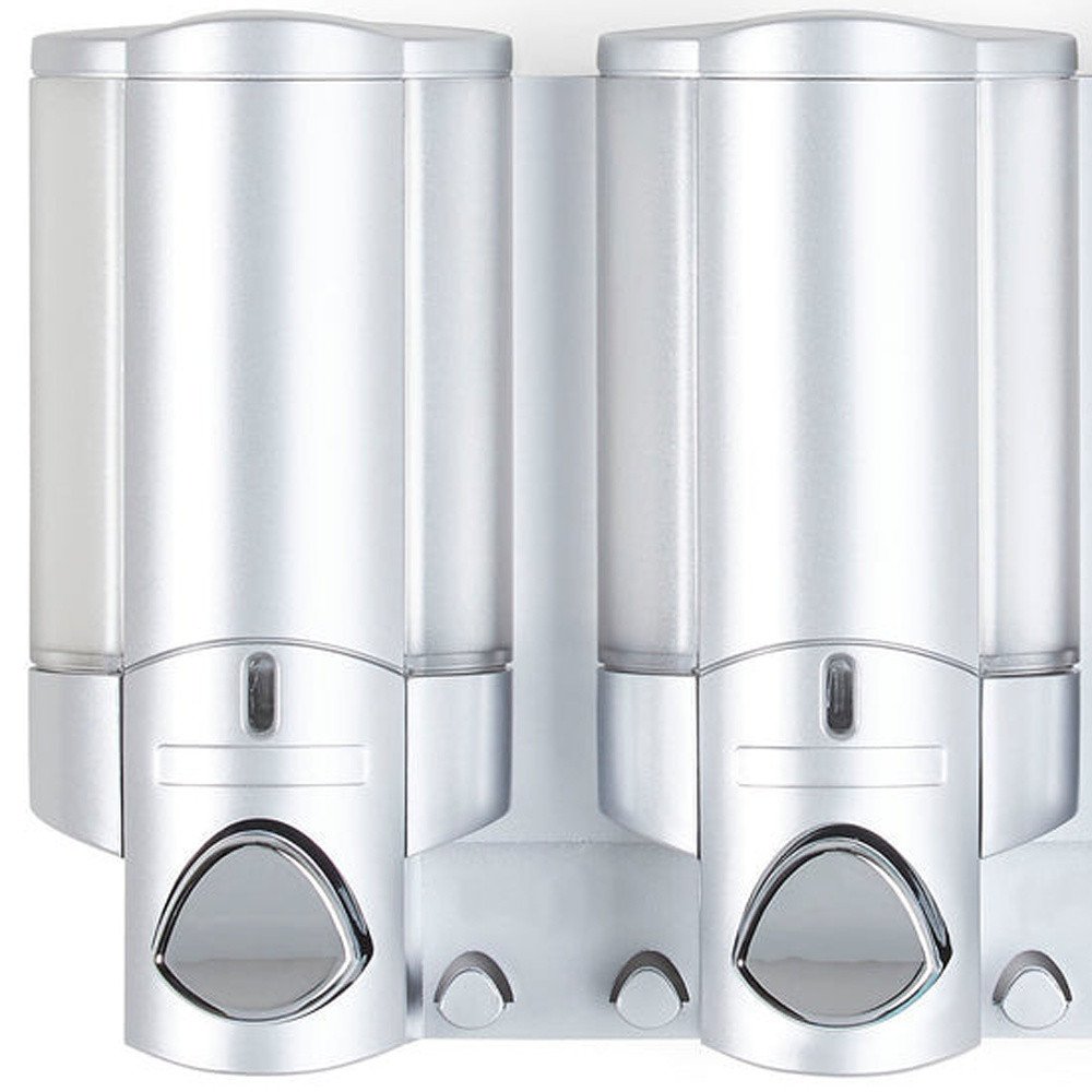 Gray Heavy Duty Plastic Three Chamber Wall Mount Soap Dispenser on a white background