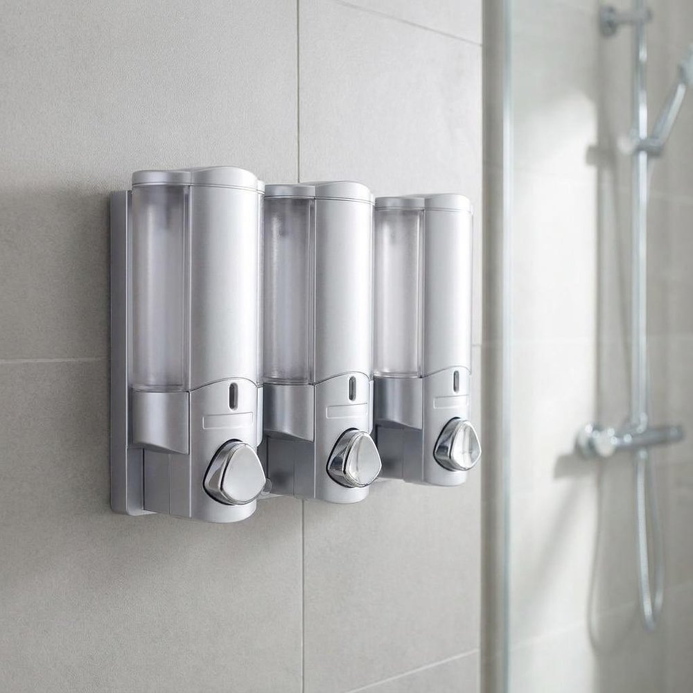Gray Heavy Duty Plastic Three Chamber Wall Mount Soap Dispenser on a white background