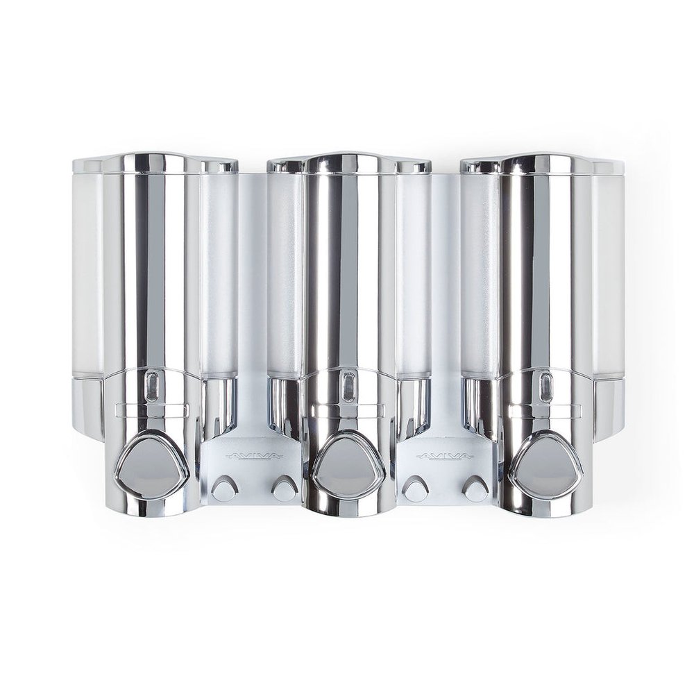 Silver Heavy Duty Plastic Three Chamber Wall Mount Soap Dispenser on a white background