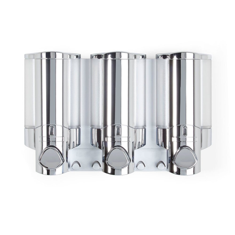 Silver Heavy Duty Plastic Three Chamber Wall Mount Soap Dispenser on a white background