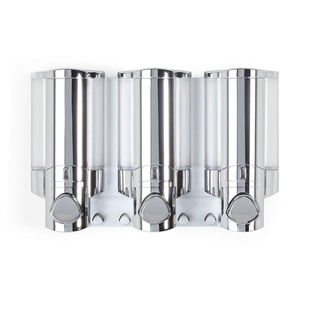 Silver Heavy Duty Plastic Three Chamber Wall Mount Soap Dispenser on a white background