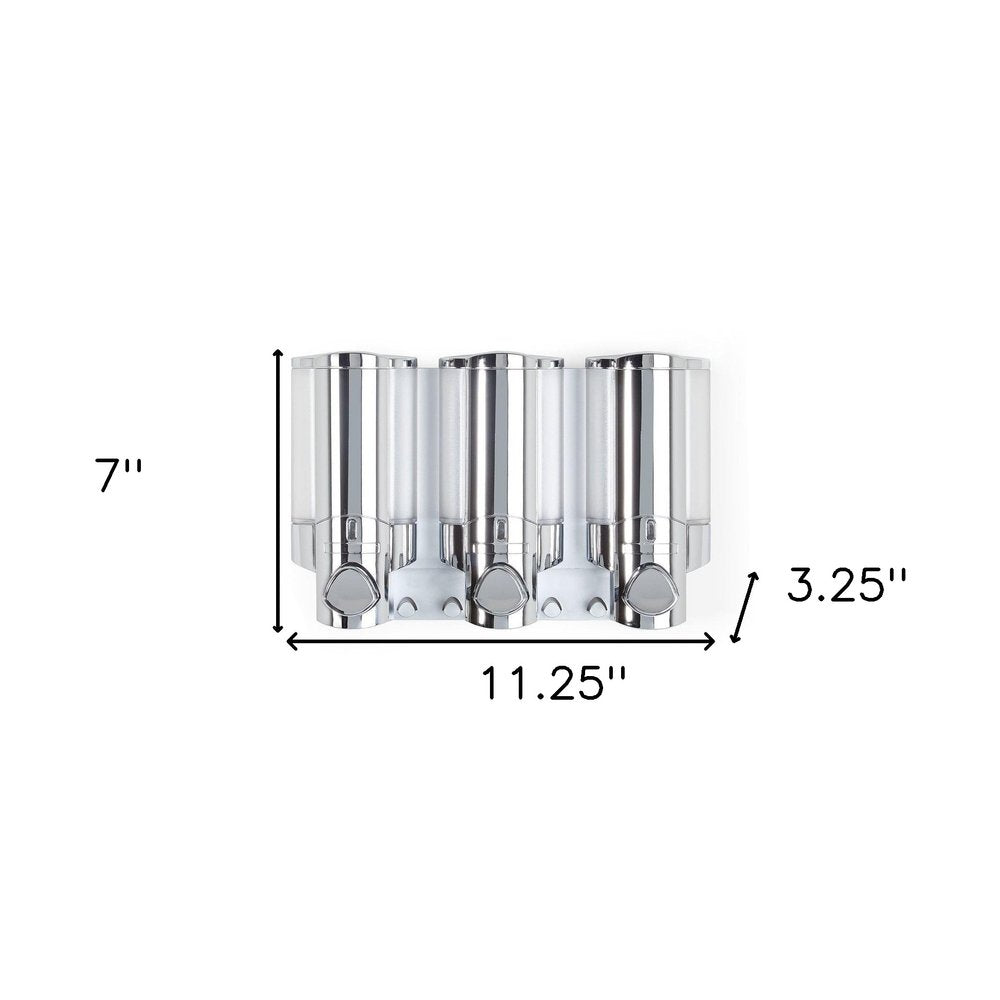 Silver Heavy Duty Plastic Three Chamber Wall Mount Soap Dispenser on a white background