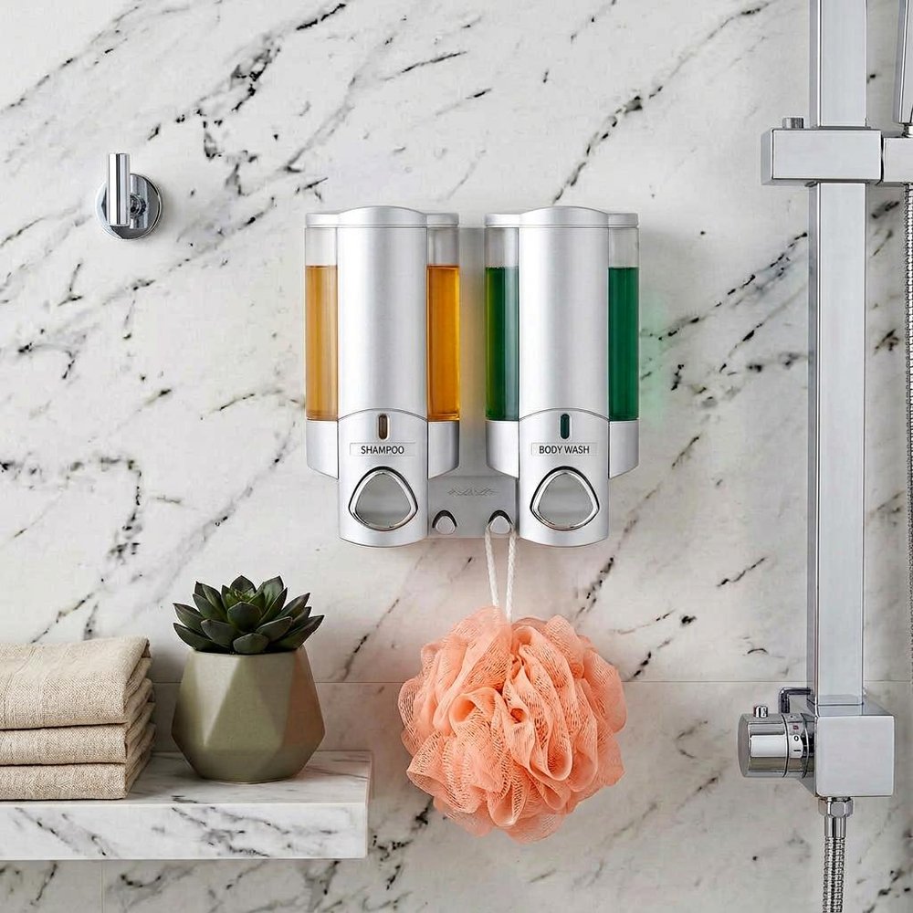 Gray Heavy Duty Plastic Two Chamber Wall Mount Soap Dispenser on a white background