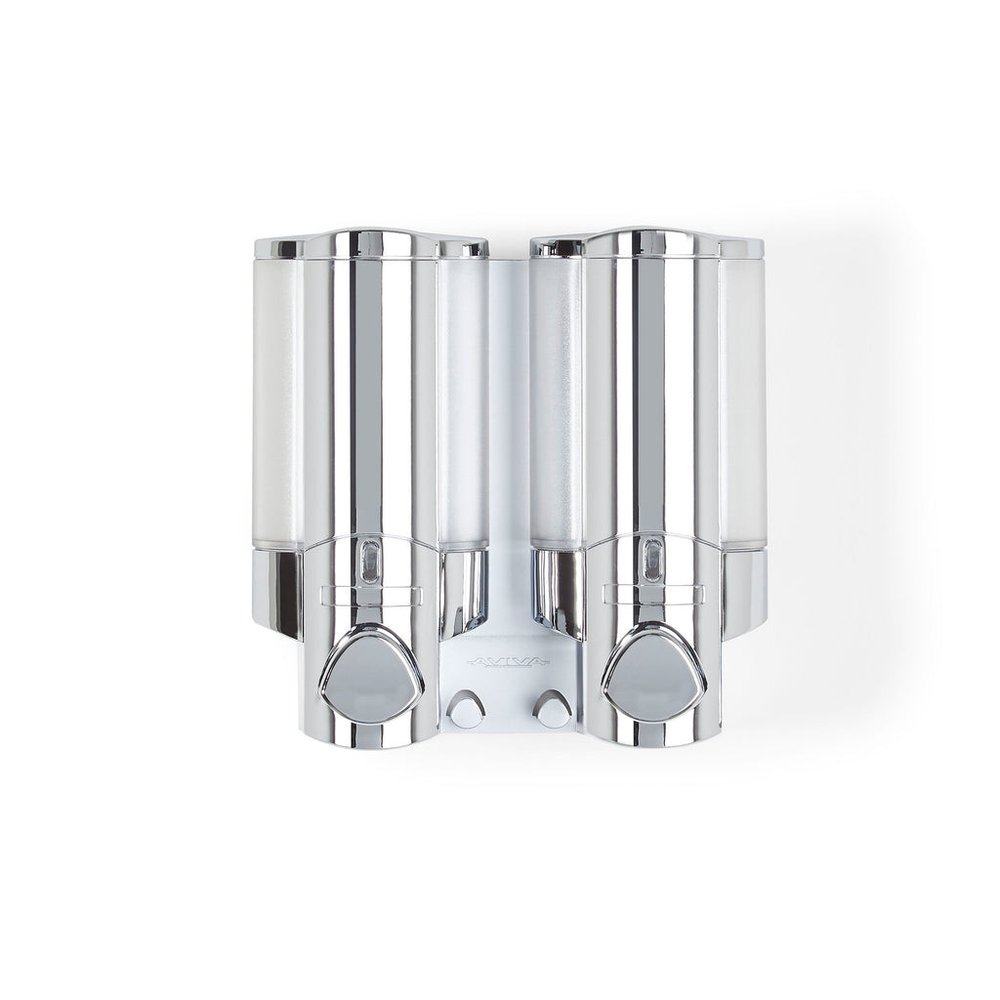 Silver Heavy Duty Plastic Two Chamber Wall Mount Soap Dispenser on a white background