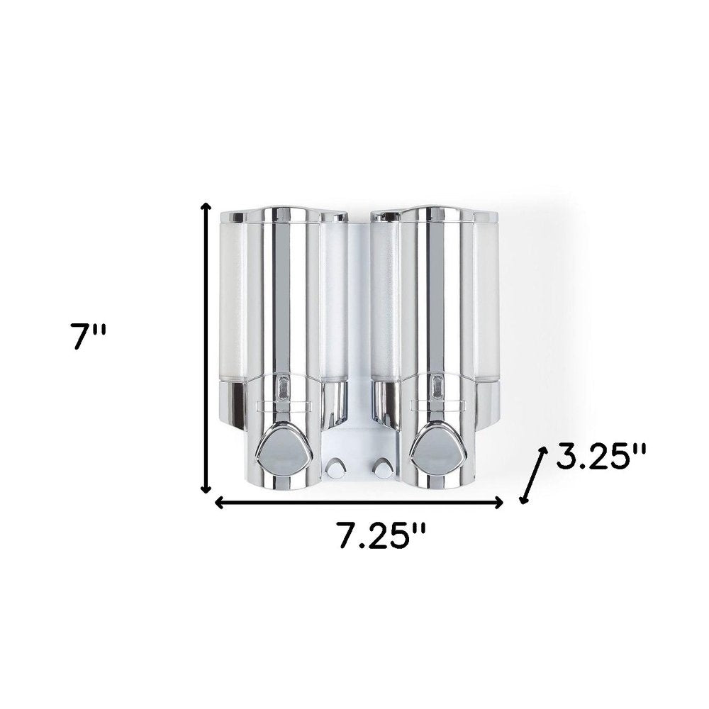 Silver Heavy Duty Plastic Two Chamber Wall Mount Soap Dispenser on a white background