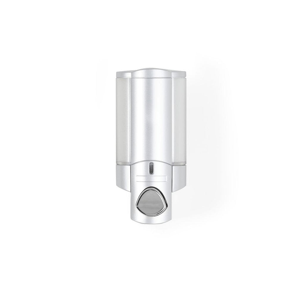 Silver heavy-duty plastic wall-mount soap dispenser against a white background.