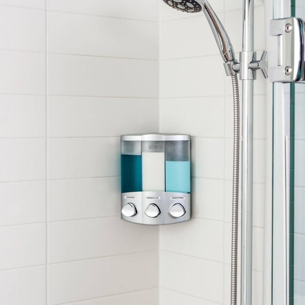 Gray Heavy Duty Plastic Three Chamber Wall Mount Soap Dispenser on a white background
