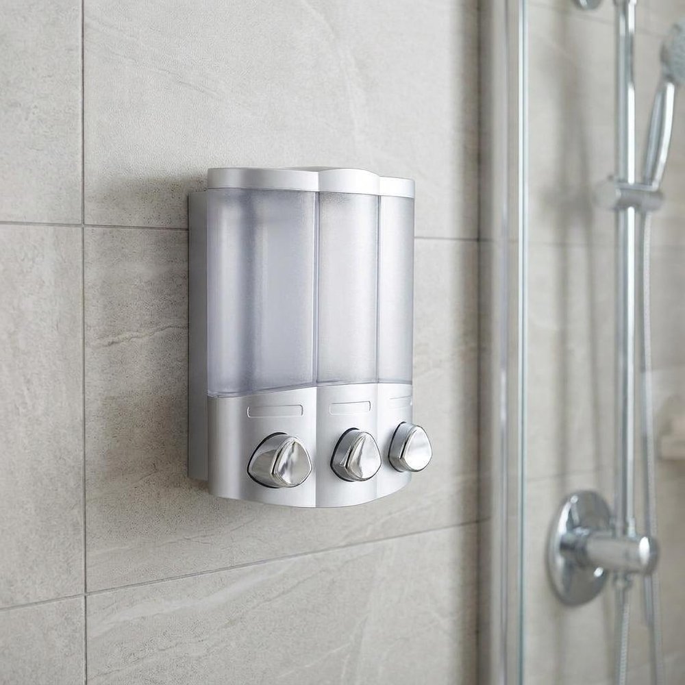 Gray Heavy Duty Plastic Three Chamber Wall Mount Soap Dispenser on a white background