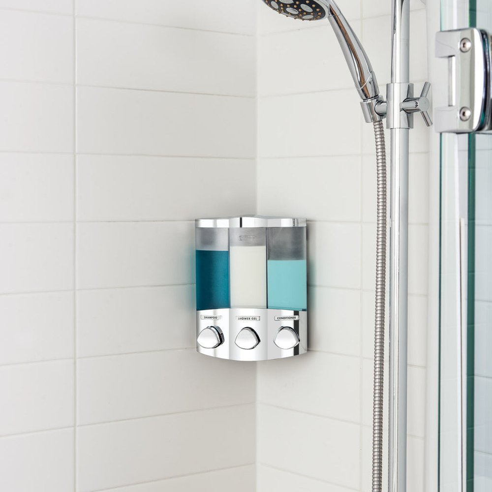 Gray Heavy Duty Plastic Three Chamber Wall Mount Soap Dispenser on a white background