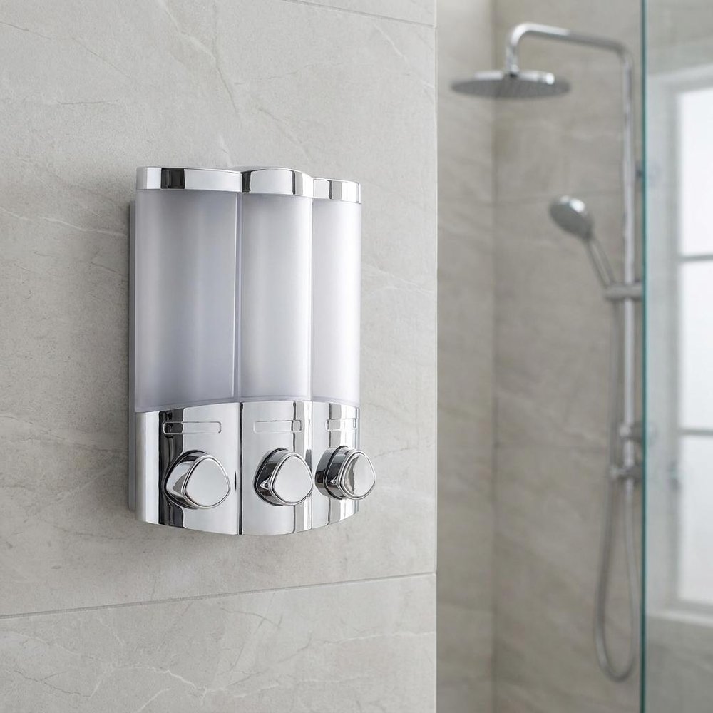 Gray Heavy Duty Plastic Three Chamber Wall Mount Soap Dispenser on a white background