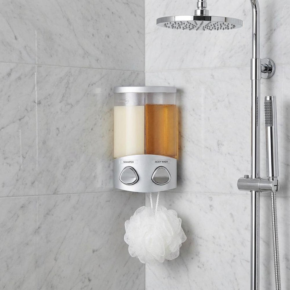 Gray Heavy Duty Plastic Two Chamber Wall Mount Soap Dispenser on a white background