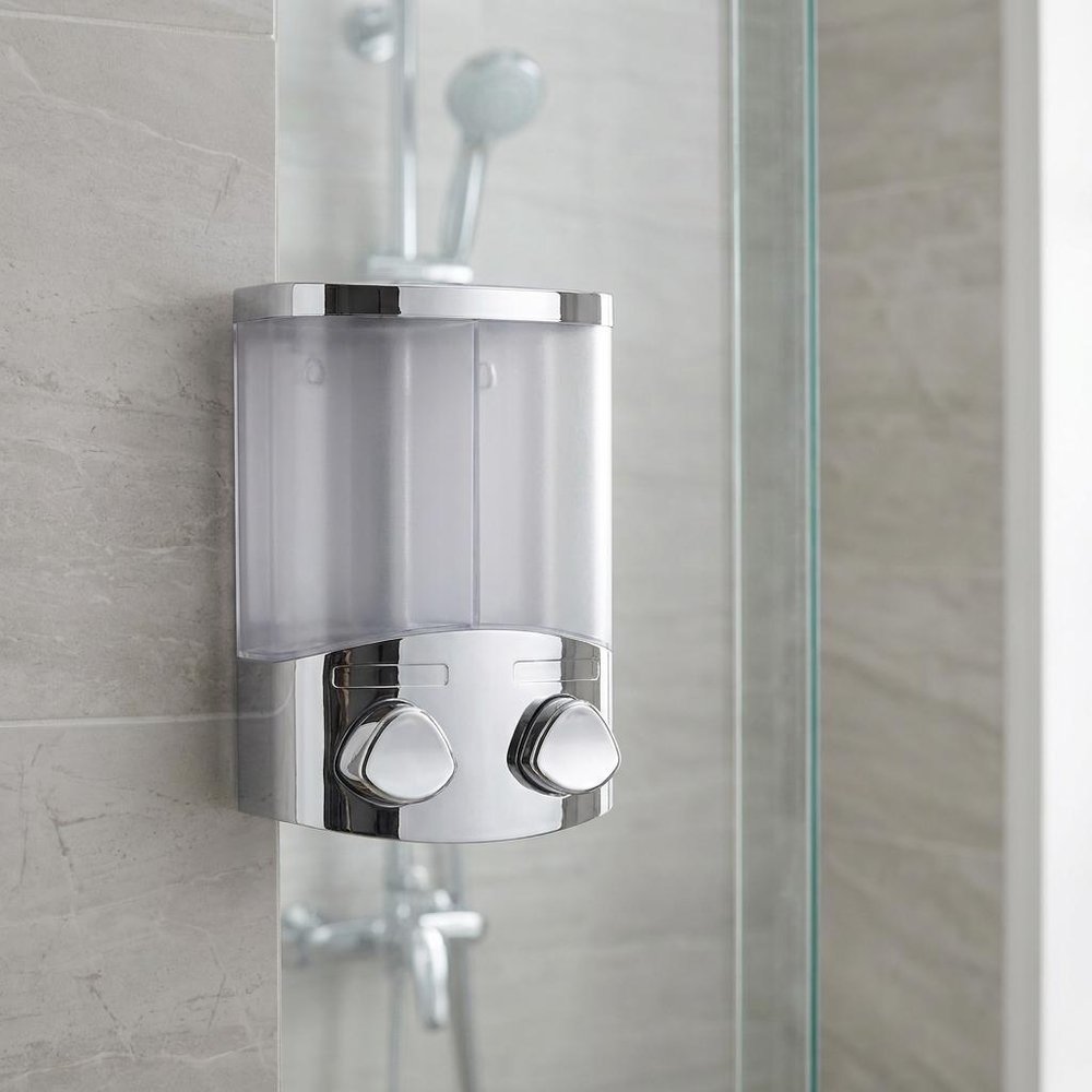 Silver Heavy Duty Plastic Two Chamber Wall Mount Soap Dispenser on a white background