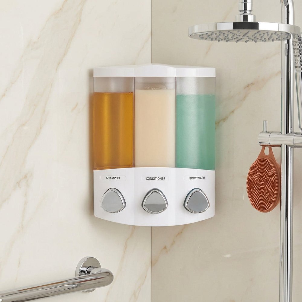 White Heavy Duty Plastic Three Chamber Wall Mount Soap Dispenser on a white background