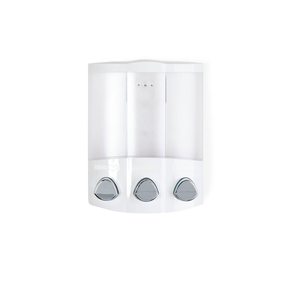 White Heavy Duty Plastic Three Chamber Wall Mount Soap Dispenser on a white background